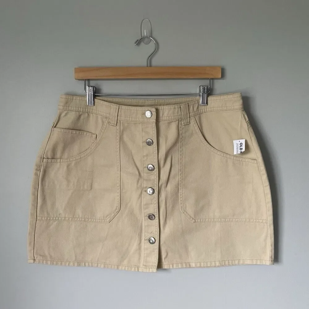 Old Navy Denim Mini Skirt Beige Tan 100% Cotton Button Detail Women's Size 14